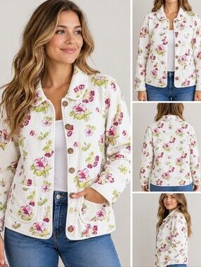 Vtg 90s Focus USA Womens M Floral Waffle Knit Cotton Jacket Cottagecore Made USA